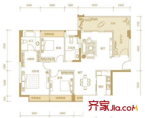 升禾綠城世界戶型圖1-6#樓、9-11#樓C1戶型 3室2廳2衛(wèi)1廚