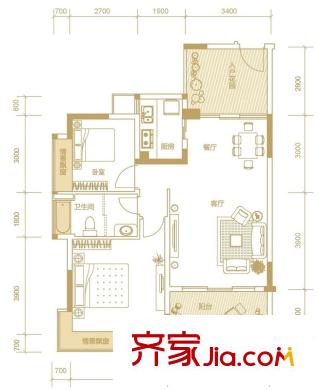 升禾綠城世界戶型圖1-6#樓、9-11#樓B1戶型 2室2廳1衛(wèi)1廚