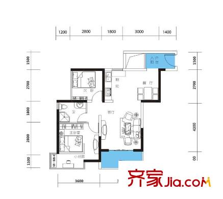 天筑米蘭戶型圖1#、2#的2-26F B戶型 1室2廳1衛(wèi)1廚