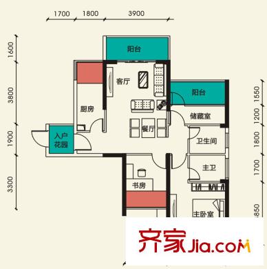 天筑米蘭戶型圖7#樓D戶型 3室2廳2衛(wèi)1廚
