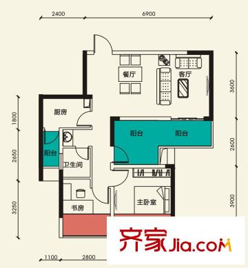 天筑米蘭戶型圖6#樓、7#樓C戶型 3室2廳1衛(wèi)1廚