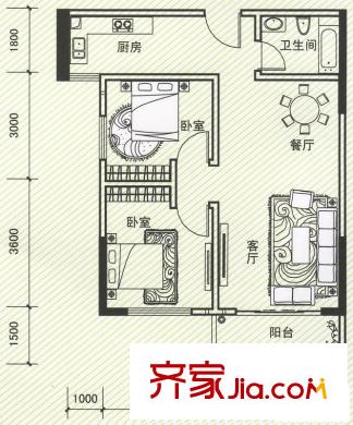 金象綠城戶型圖A6 戶型 2室2廳1衛(wèi)1廚