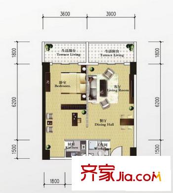 西西灣戶型圖戶型D2 1室1廳1衛(wèi)1廚