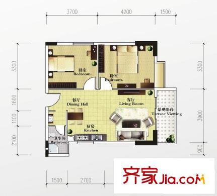 西西灣戶型圖戶型C12 2室2廳1衛(wèi)1廚