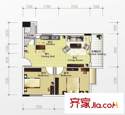 西西灣戶型圖戶型C12-1 2室2廳1衛(wèi)1廚