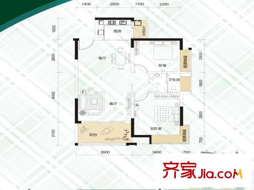 升禾綠城世界戶型圖B2戶型 2室2廳1衛(wèi)1廚