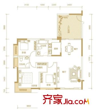 升禾綠城世界戶型圖4-6#樓、9-11#樓C3戶型 3室2廳2衛(wèi)1廚