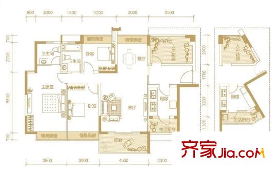 升禾綠城世界戶型圖4-6#樓、9-11#樓C2戶型 3室2廳2衛(wèi)1廚
