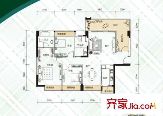 升禾綠城世界戶型圖1#2#3#5#6#7#樓 C1戶型 3室2廳2衛(wèi)1廚
