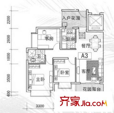 風(fēng)格雨林戶型圖A3三房兩廳 3室2廳1衛(wèi)1廚