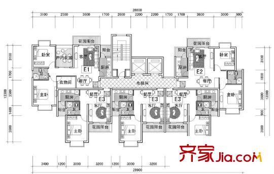 風(fēng)格雨林戶型圖E# 2-17層平面圖 2室2廳1衛(wèi)1廚