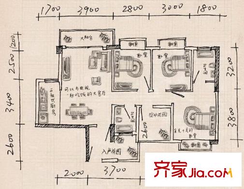 風(fēng)格雨林戶型圖梔子花戶型 3室2廳2衛(wèi)1廚