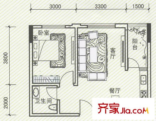 金象綠城戶型圖A2 戶型 1室2廳1衛(wèi)1廚