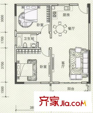 金象綠城戶型圖A4 戶型 2室2廳1衛(wèi)1廚