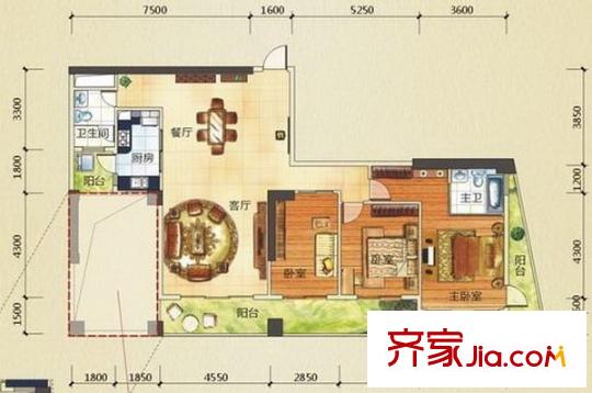 金領公館戶型圖05戶型 3室2廳2衛(wèi)1廚