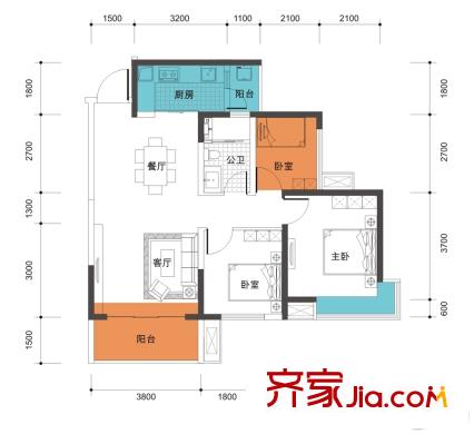 華潤二十四城2、5-9號樓3B戶型 3室2廳1衛(wèi)1廚