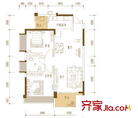 振業(yè)青秀山1號(hào)戶(hù)型圖L江景一線(xiàn)戶(hù)型 2室2廳1衛(wèi)1廚