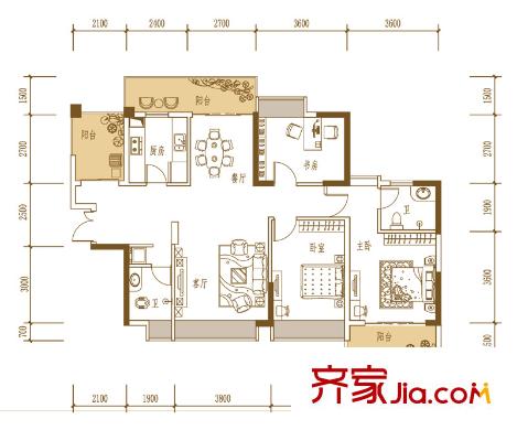 振業(yè)青秀山1號(hào)戶(hù)型圖A花香別院戶(hù)型 3室2廳2衛(wèi)1廚