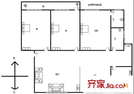 區(qū)工商局宿舍 3室 戶型圖