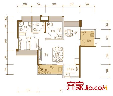 振業(yè)青秀山1號(hào)戶(hù)型圖K湖光山色戶(hù)型 2室2廳2衛(wèi)1廚