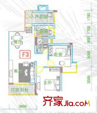 風(fēng)格雨林戶型圖F3兩房兩廳 2室2廳1衛(wèi)1廚