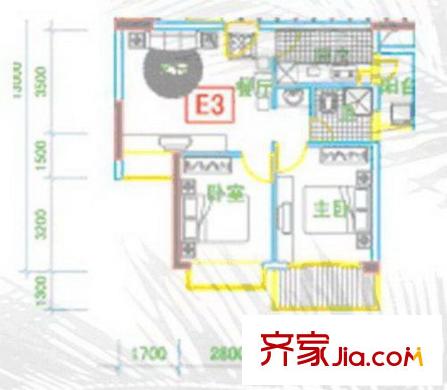 風(fēng)格雨林戶型圖E3兩房一廳 2室1廳1衛(wèi)1廚