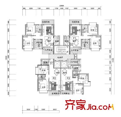 風(fēng)格雨林戶型圖F# 2-17層平面圖 2室2廳1衛(wèi)1廚