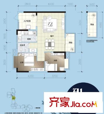 西湖東郡戶型圖A1戶型 2室2廳1衛(wèi)1廚