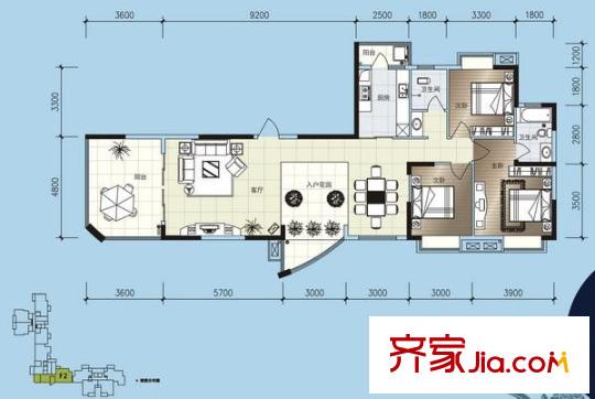 西湖東郡戶型圖F2戶型 3室2廳2衛(wèi)1廚
