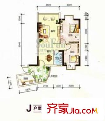 世貿(mào)西城戶型圖J戶型 2室2廳1衛(wèi)1廚