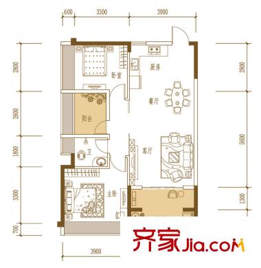振業(yè)青秀山1號(hào)戶(hù)型圖C青山秀麗戶(hù)型 2室2廳1衛(wèi)1廚