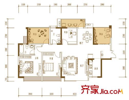 振業(yè)青秀山1號(hào)戶(hù)型圖B云淡風(fēng)輕戶(hù)型 3室2廳2衛(wèi)1廚