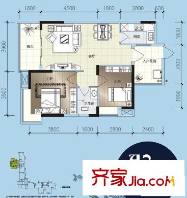 西湖東郡戶型圖A2戶型 2室2廳1衛(wèi)1廚
