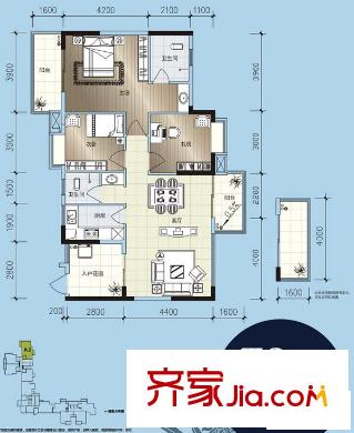 西湖東郡戶型圖A3戶型 3室2廳2衛(wèi)1廚