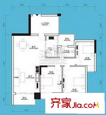 嘉華綠洲戶型圖D戶型 3室2廳1衛(wèi)1廚