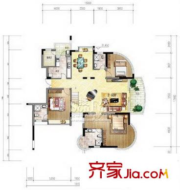 遠辰山水一號戶型圖2#樓四單元二號房戶型（下層） 3室2廳2衛(wèi)1廚