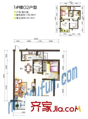 萬正假日風(fēng)景戶型圖1#樓02戶型樓中樓 3室2廳2衛(wèi)1廚