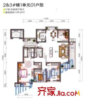 萬正假日風(fēng)景戶型圖2、3#1單元01型 4室2廳2衛(wèi)1廚