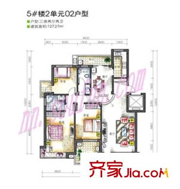 萬(wàn)正假日風(fēng)景戶型圖5#二單元02戶型 3室2廳2衛(wèi)1廚