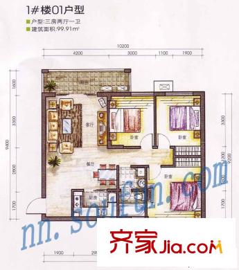 萬正假日風(fēng)景戶型圖1#樓01戶型 3室2廳1衛(wèi)1廚