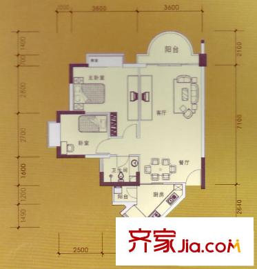 萬昌南湖景園戶型圖名月居(02號房) 2室2廳1衛(wèi)1廚