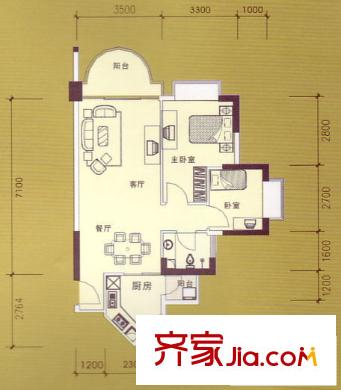 萬昌南湖景園戶型圖名月居(03號房) 2室2廳1衛(wèi)1廚