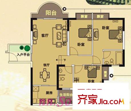 萬昌南湖景園戶型圖錯層景觀三房 3室2廳2衛(wèi)1廚