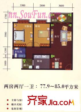 金地花園戶型圖2室2廳1衛(wèi) 2室2廳1衛(wèi)1廚
