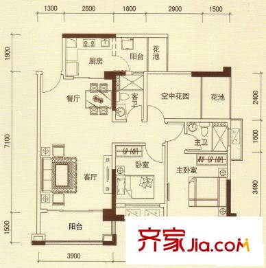 瀚林雅筑戶型圖8棟02單元 2室2廳1衛(wèi)1廚