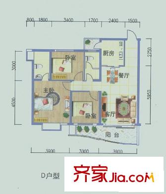 永凱春暉花園戶型圖D戶型 3室2廳2衛(wèi)1廚