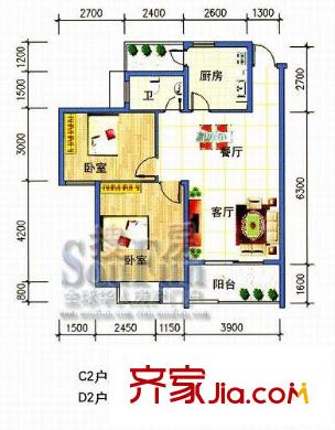 永凱春暉花園戶型圖B區(qū)C2、D2 2室2廳1衛(wèi)1廚