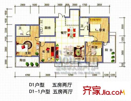 永凱春暉花園戶型圖B區(qū)D1、D1-1 5室2廳2衛(wèi)1廚