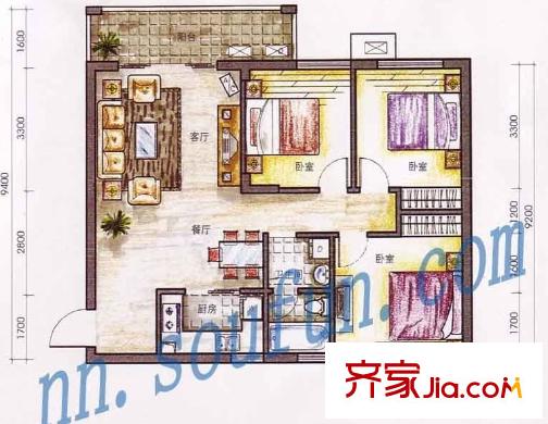  萬正假日風(fēng)景三室一廳戶型圖