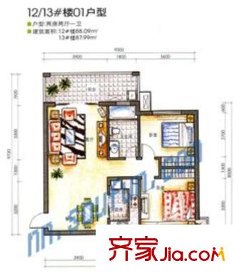 萬正假日風(fēng)景戶型圖12/13#樓01型 2室2廳1衛(wèi)1廚